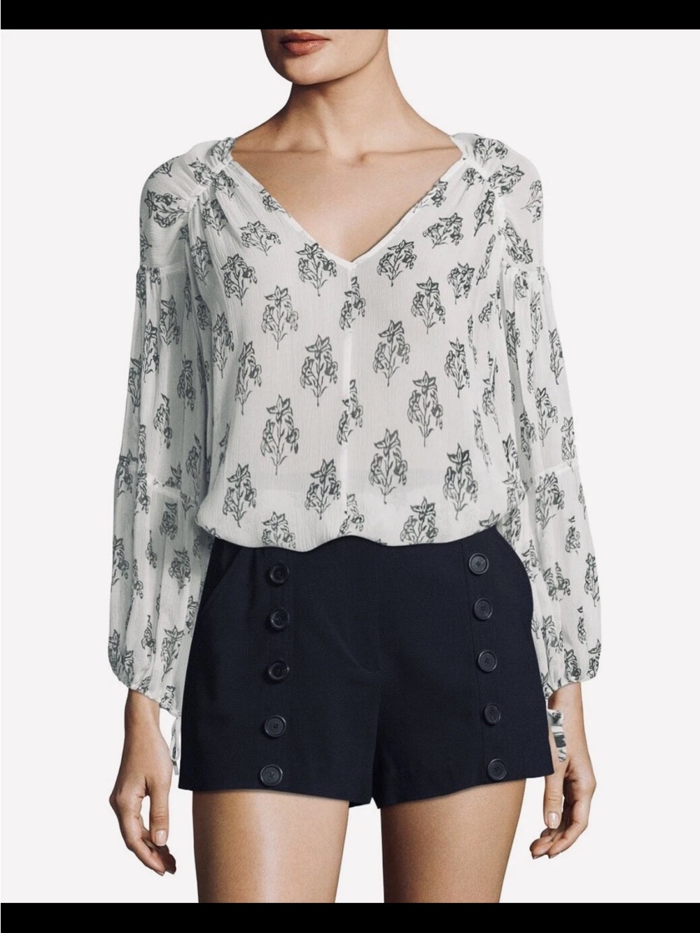 A.L.C. White Sheer V-Neck Floral-Print Blouse